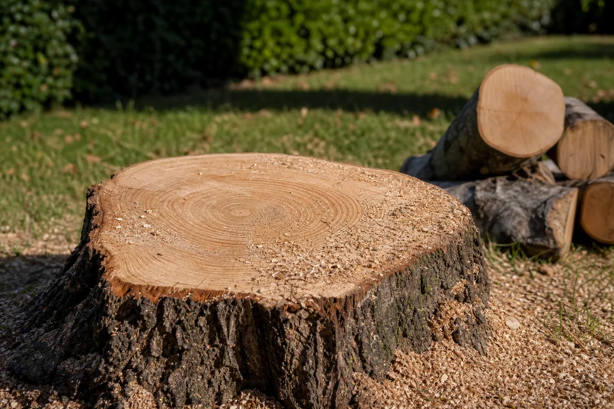 Souche fraîchement coupée d’un grand feuillu dans un jardin de maison individuelle, sciure au sol