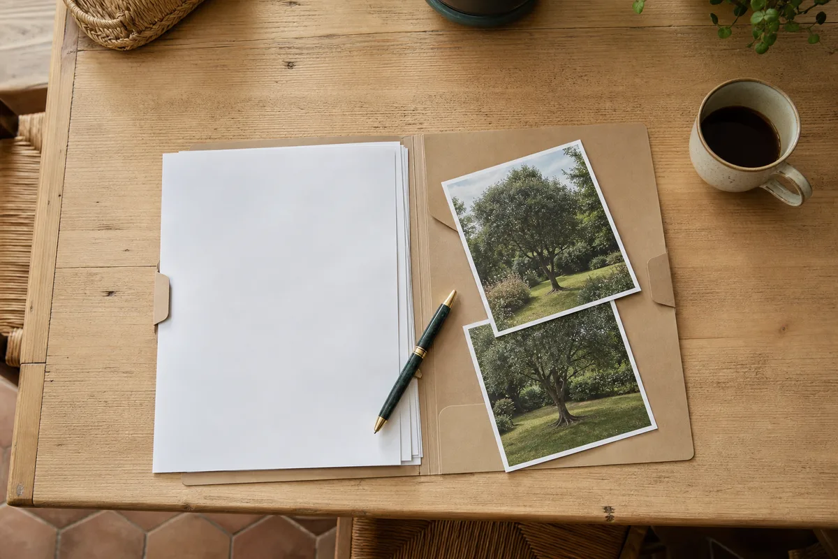 Dossier papier ouvert sur une table de cuisine avec des photos imprimées d’un arbre et un stylo
