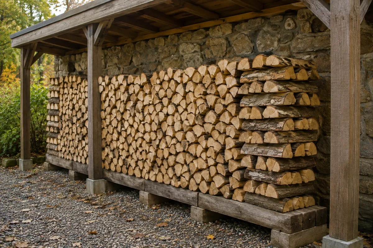 Bûches empilées en cordage sous un abri ouvert, rangées surélevées sur traverses