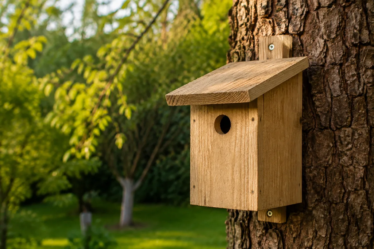 Nichoir à mésanges en bois fixé sur un tronc dans un jardin arboré