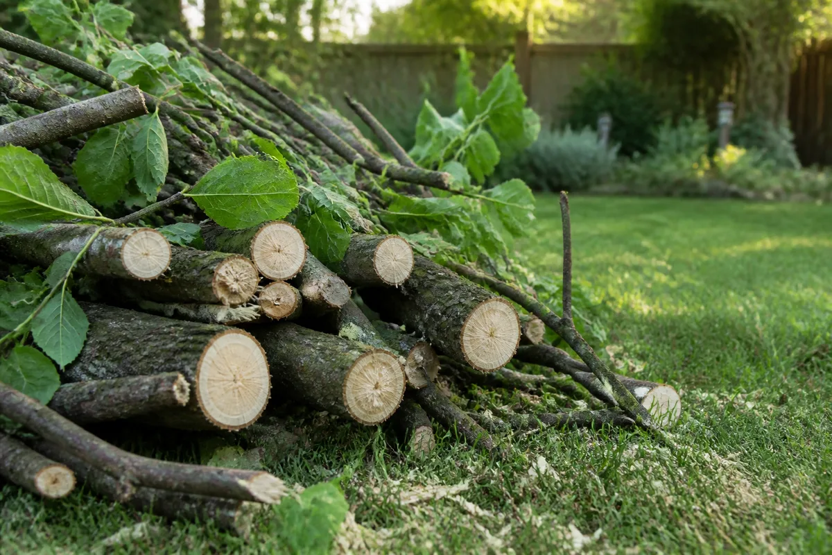 Branches fraîchement coupées empilées en tas au bord d’une pelouse après une taille