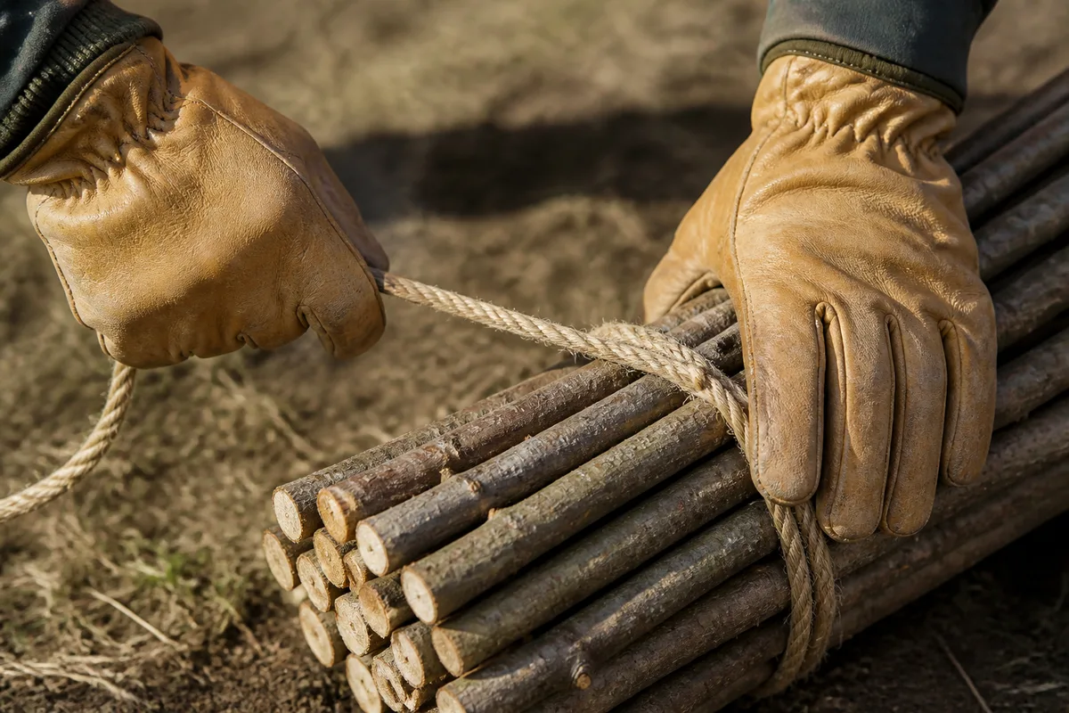 Mains gantées liant un fagot de branchages avec une corde avant chargement