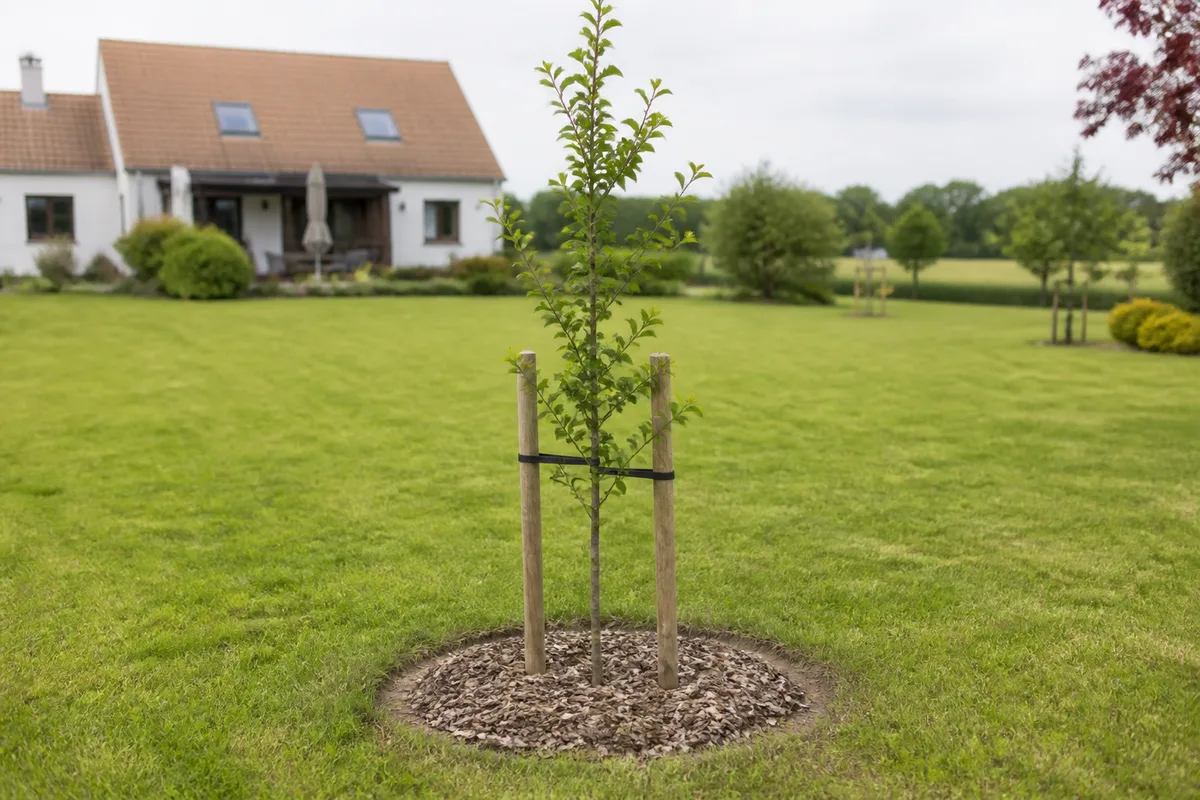 Jeune arbre à petit développement planté au milieu d’une pelouse, maison en arrière-plan flou