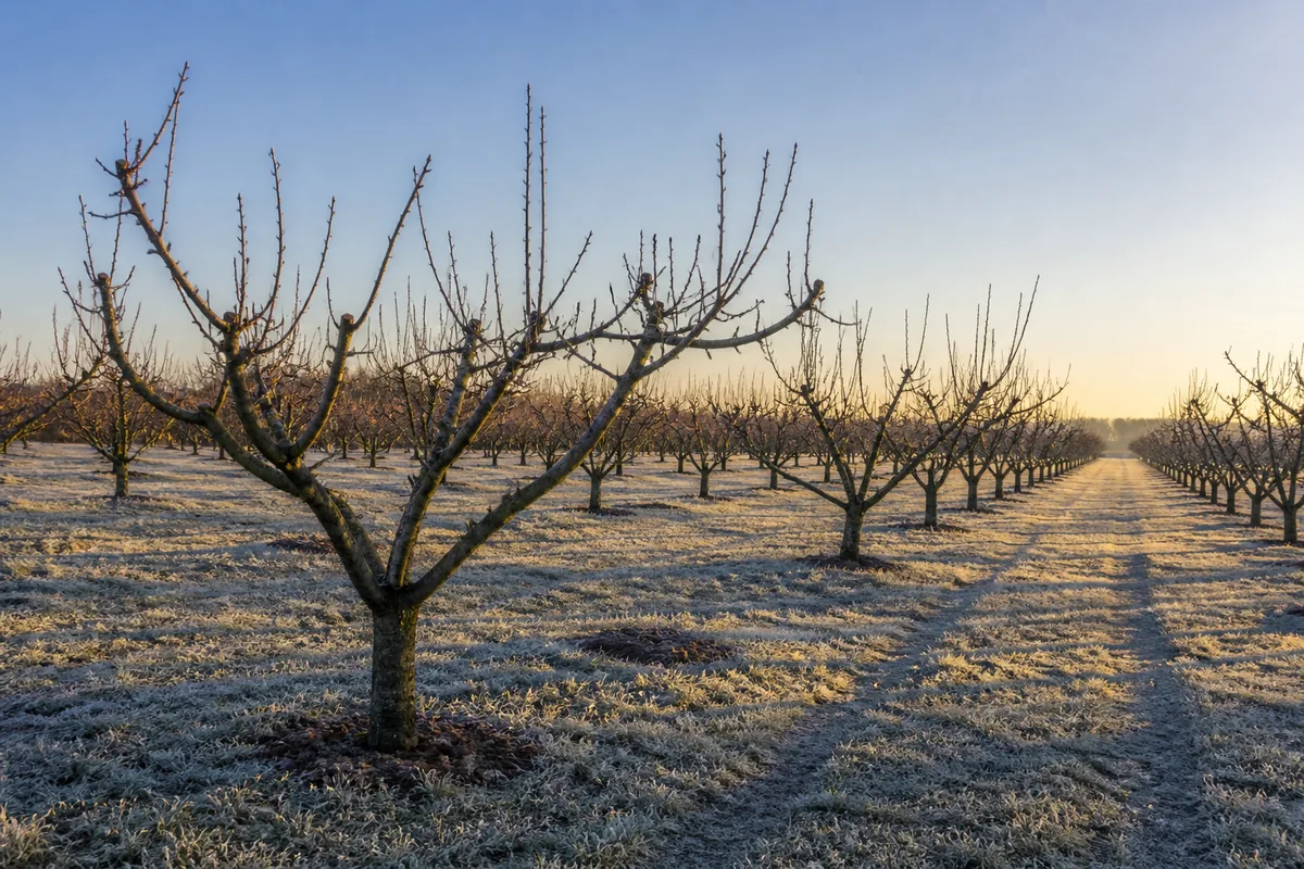 Verger dénudé en hiver, arbres fruitiers taillés alignés sous une lumière rasante
