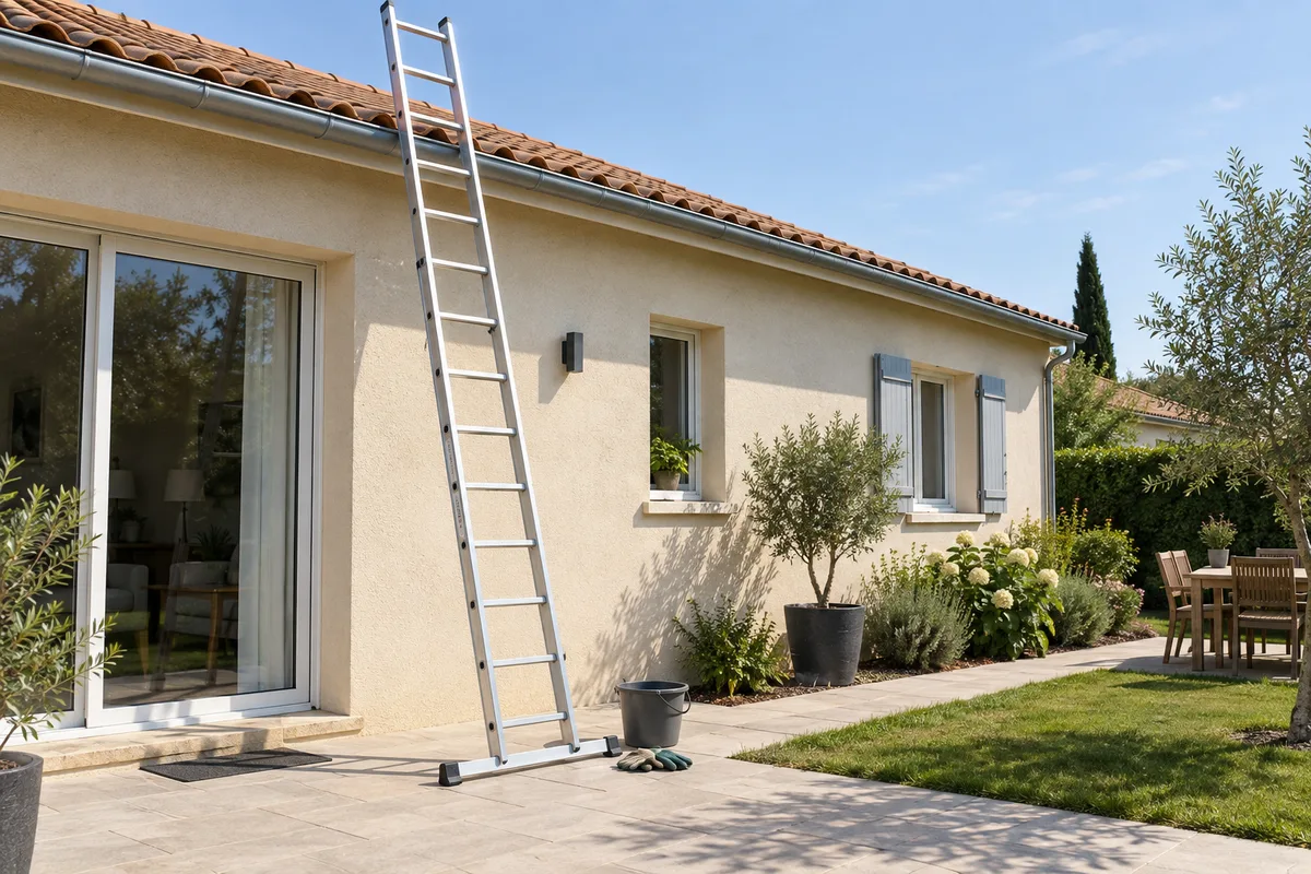 Échelle stabilisée contre un mur de maison avant un nettoyage de gouttière