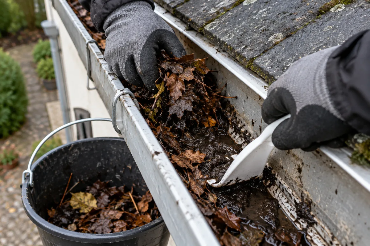 Mains gantées retirant des débris humides d&rsquo;une gouttière à la curette