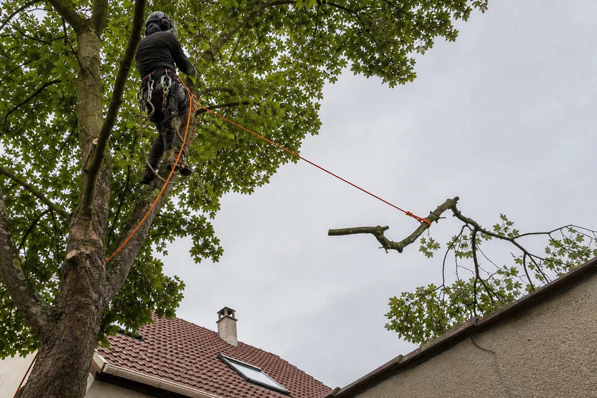 Élagueur grimpeur en train de descendre une branche par rétention dans un jardin de pavillon
