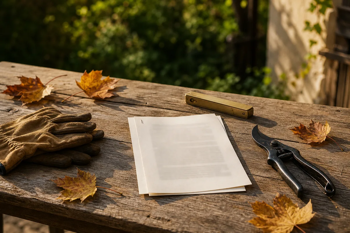 Devis d’élagage posé sur une table de jardin en bois avec un mètre ruban et un sécateur