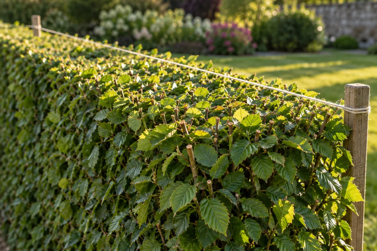 Arête supérieure d’une haie de charme alignée sur un cordeau de jardinier