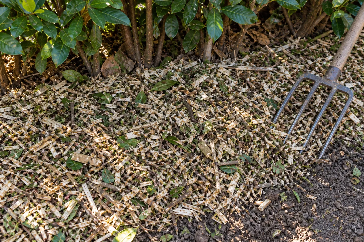 Broyat de branches étalé en paillage au pied d’une haie