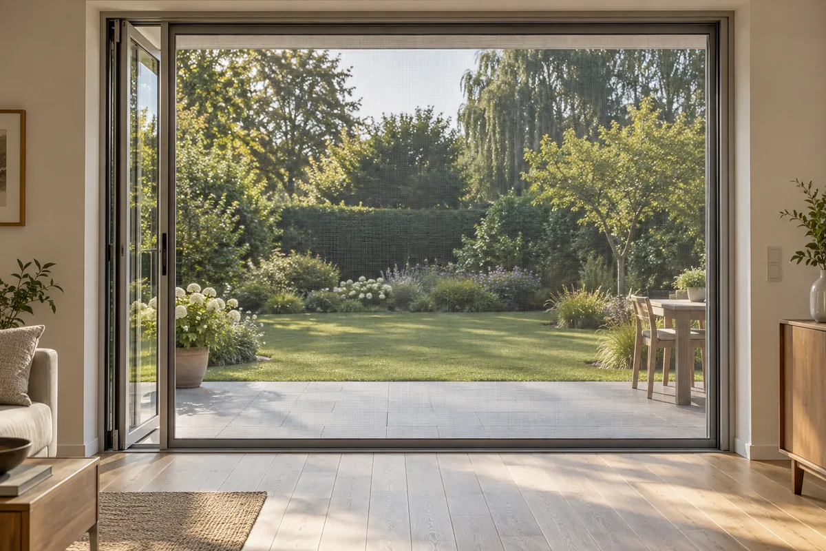 Porte-fenêtre ouverte sur un jardin d&rsquo;été avec moustiquaire enroulable déployée