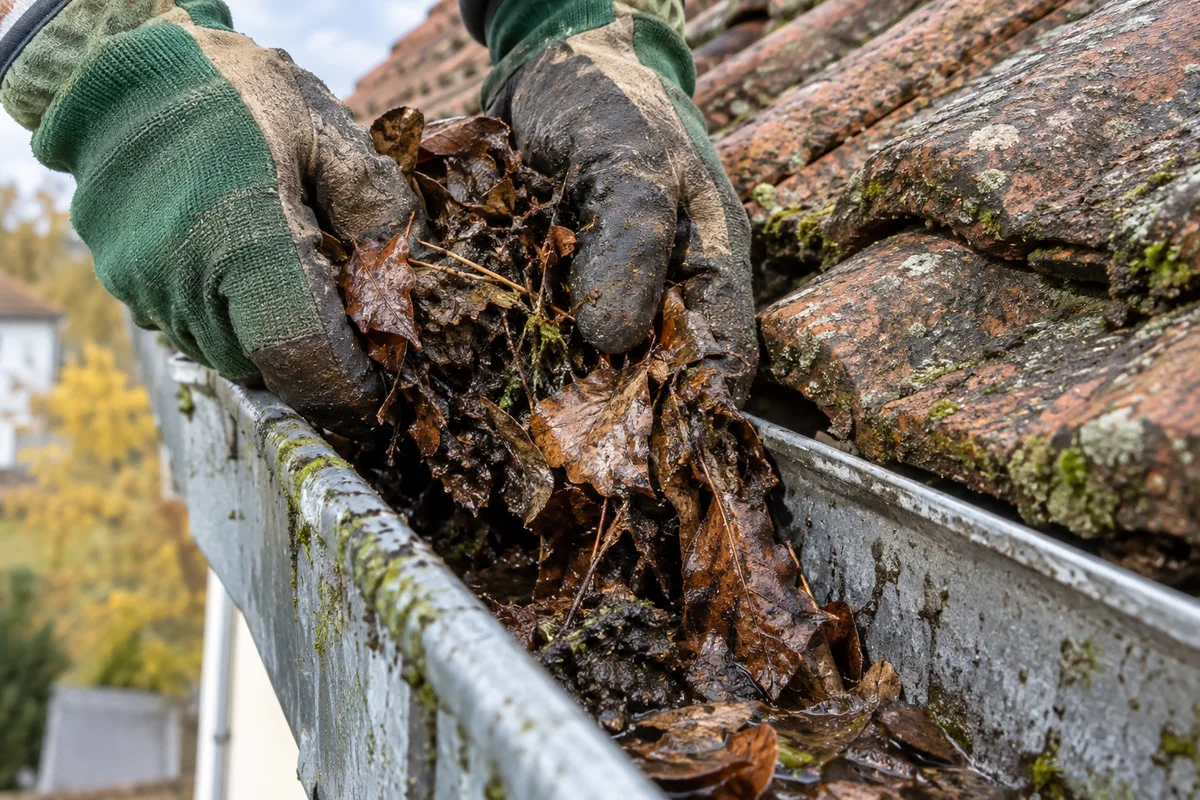 Mains gantées retirant les feuilles mortes accumulées dans une gouttière